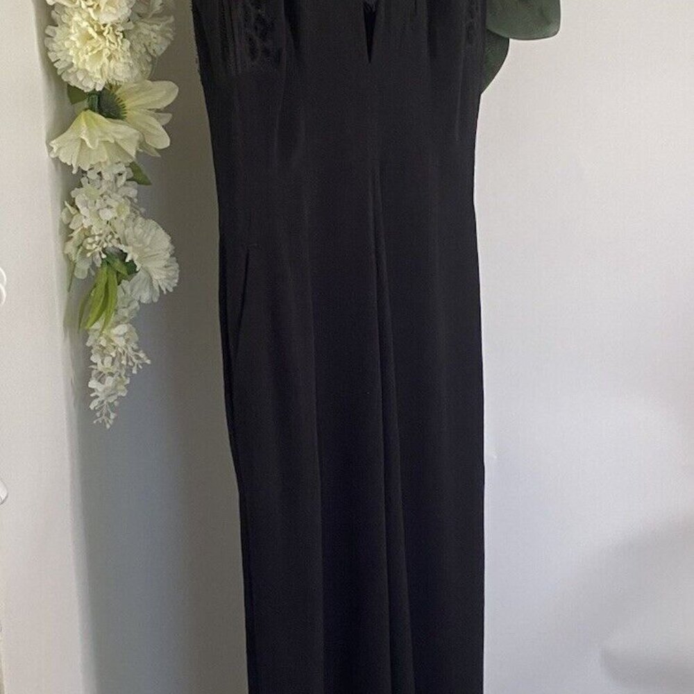 Sandro Palazzo Plunge V-Neck Lace Trim Wide Leg Jumpsuit in Black Med $495 NWOT - Picture 15 of 16